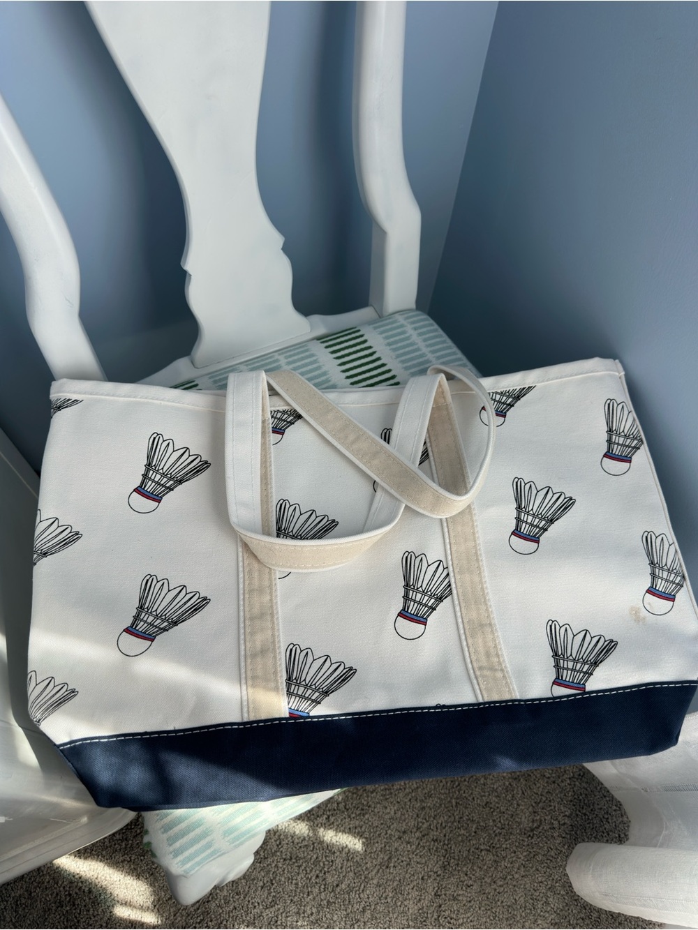 Crab & Cleek Canvas Print Tote Bag In White With Navy Badminton View 3